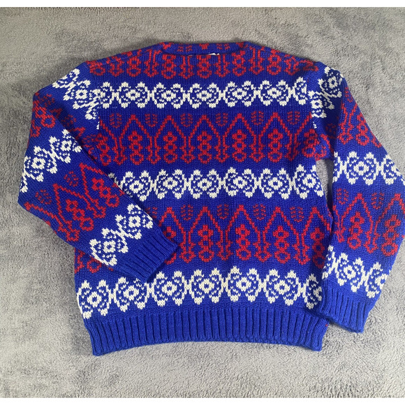 Vintage Palmett Norwegian Pattern Wool Sweater Unisex Blue Womens 48 Mens 54 - Picture 1 of 3